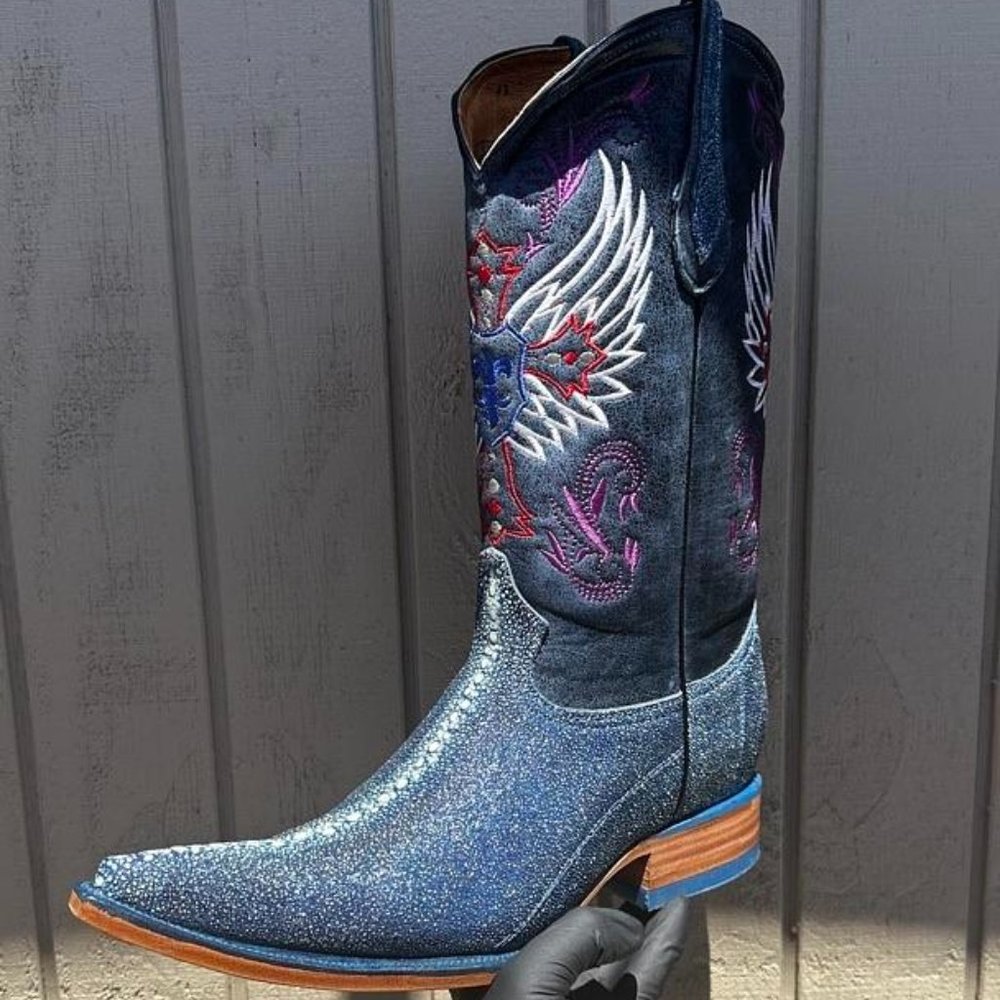 #4 - Leather Boot with Dark Ocean Blue Imitation Stingray Finish, Model 6709